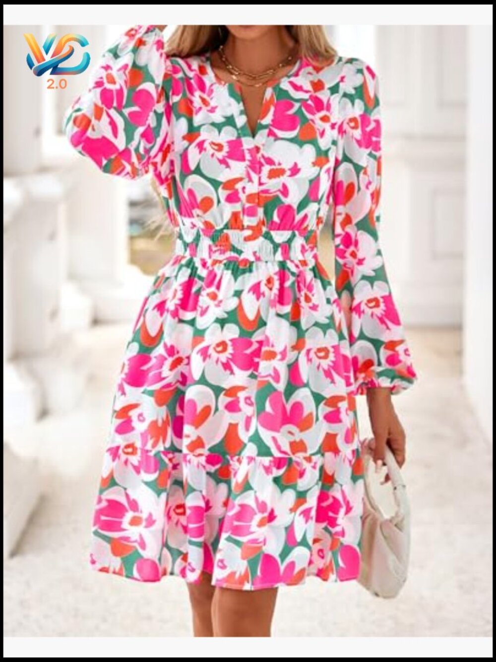 Mini Long Sleeve A-Line Dress with Pockets V-Neck - Picture 4 of 7